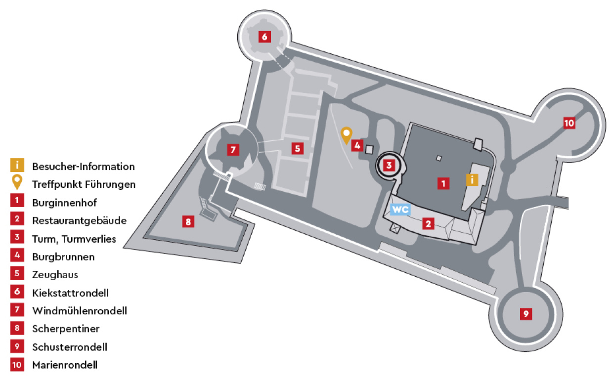 Geländeplan der Sparrenburg mit wichtigen Orientierungspunkten