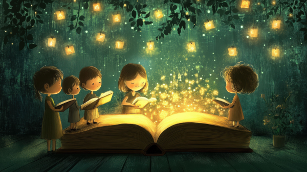 Grafik von Kindern, die lesen; sitzend vor einem großen Buch