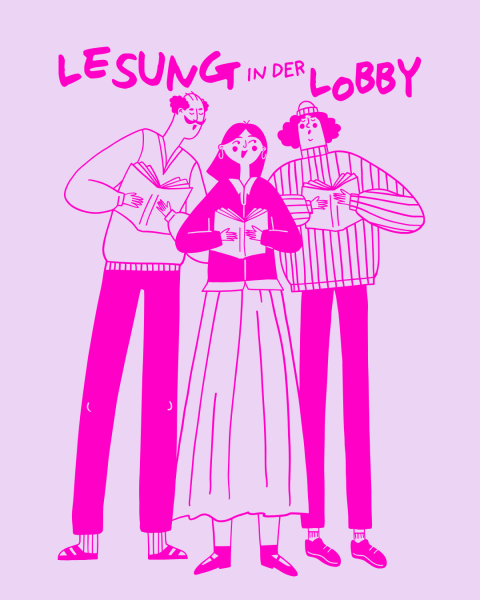 Drei Personen in pinker Kleidung auf violettem Hintergrund mit Text oben.