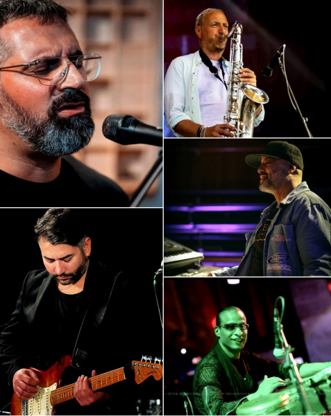 Musikerkollagen zeigen vier Künstler beim Performen mit Instrumenten auf der Bühne.