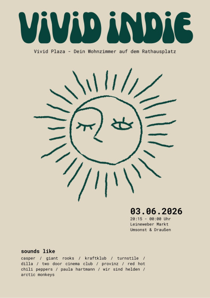 Plakat für Vivid Indie Festival mit stilisierter Sonne und Veranstaltungsdetails.