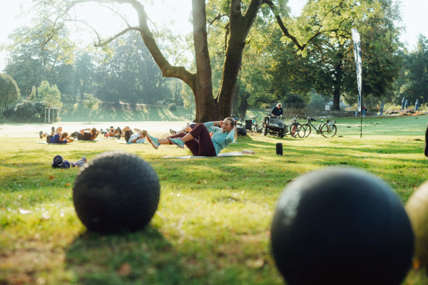 Adult Female Grass Grove Land Nature Outdoors Park Person Shoe Sphere Tree Vegetation Woman Woodland