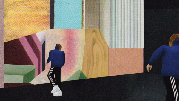 Zwei stilisierte, digital gezeichnete Figuren in blauen Jacken und schwarzen Hosen mit weißen Streif