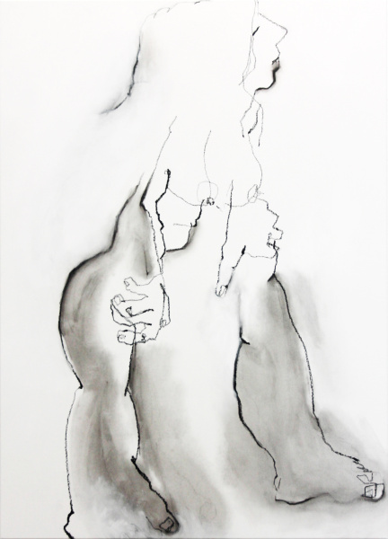 Die Zeichnung einer weiblich gelesenen Person, in kräftigen, schwarzen Linien auf weißem Grund.