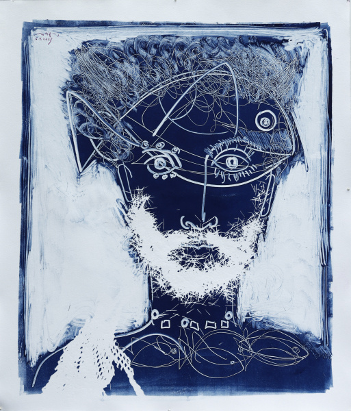 Portrait eines Mannes mit Bart und Netz und Fischen