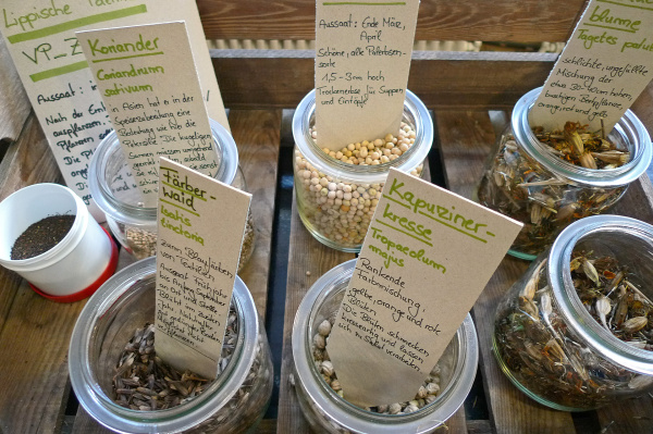Blick auf mehrere Gläser mit unterschiedlichem Saatgut und Beschreibungen dazu.