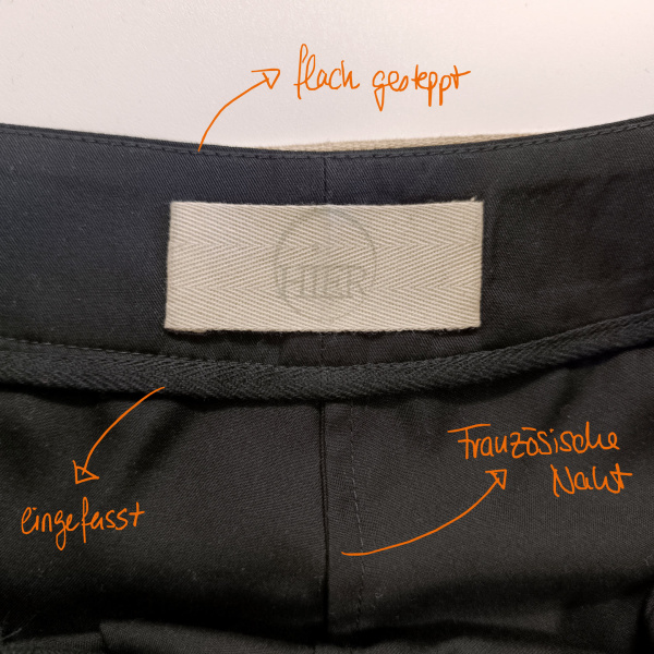 An einem Kleidungsstück sind 3 unterschiedliche Nahtvarianten verzeichnet.