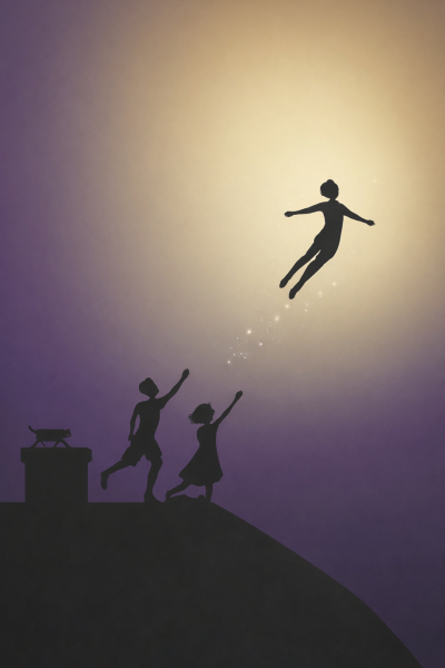 Peter Pan fliegt in den Abendhimmel 