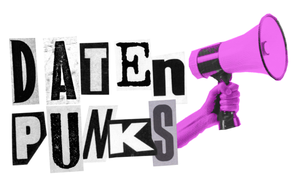 Logo der Datenpunks mit pinken Megaphon. Schrift im Stil ausgeschnittener Zeitungsbuchstaben 