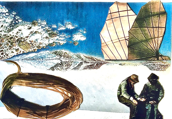 Im Hintergrund zwei alte Segelschiffe, imVordergrund Zwei  Gestalten und ein aufgerolltes Seil