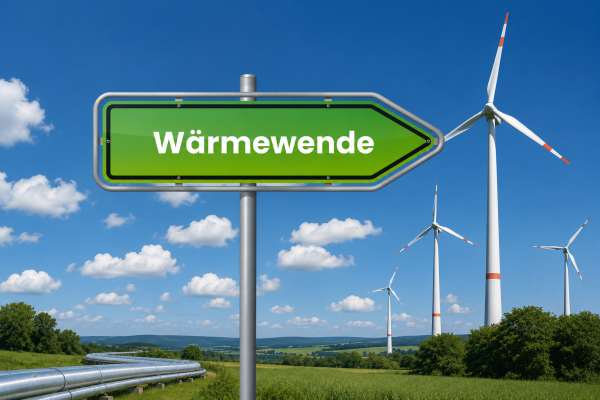 "Grünes Wegweiserschild mit der Aufschrift 'Wärmewende' vor blauem Himmel mit weißen Wolken. Im Hint