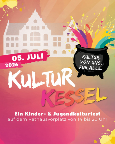 Schriftzug "KulturKessel" mit Grafik von einem Kessel, auf dem steht: "Kultur. Von uns. Für alle."