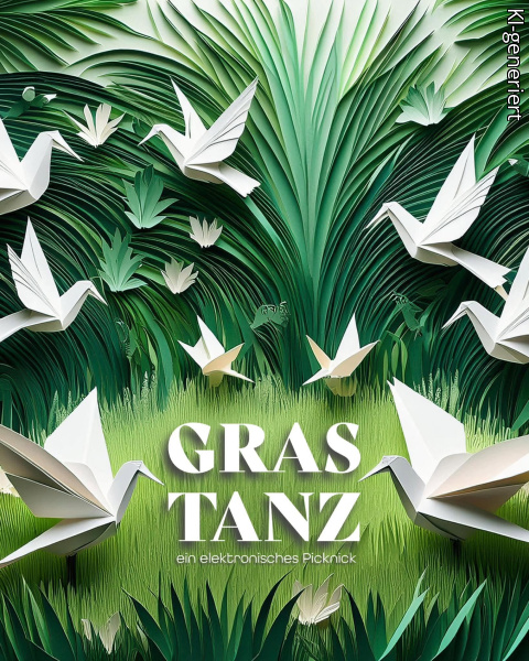 Origami Vögel fliegen über das Grün des Grases.