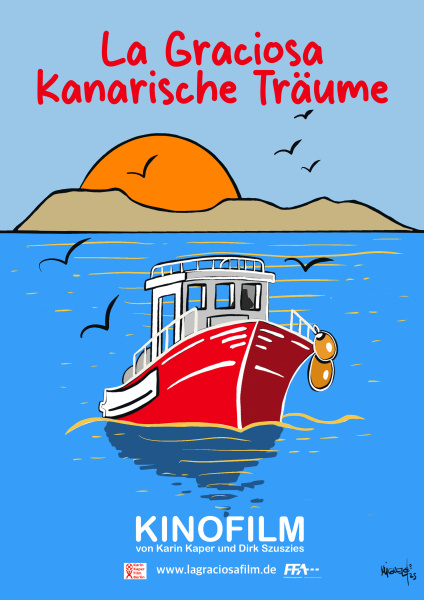 Man sieht ein Filmplakat. Es wurde gezeichnet. Man sieht ein traditionelles Fischerboot auf dem Meer